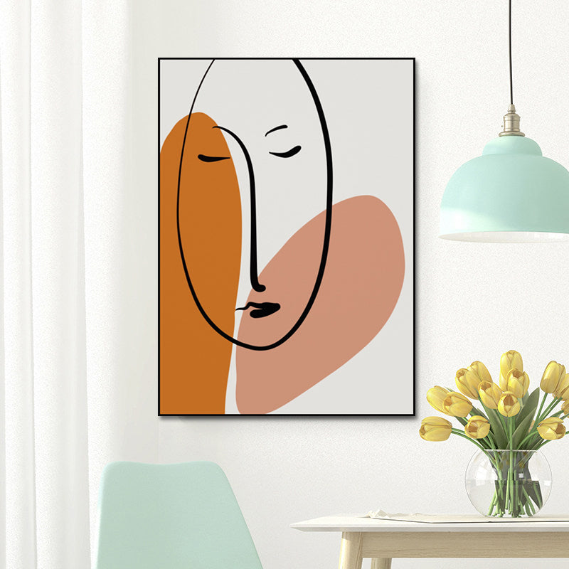 Charcoal Drawings Scandinavian Style Art Girl's Sleeping Face Portraiture in Orange - Clearhalo - 'Arts' - 'Canvas Art' - 1640649