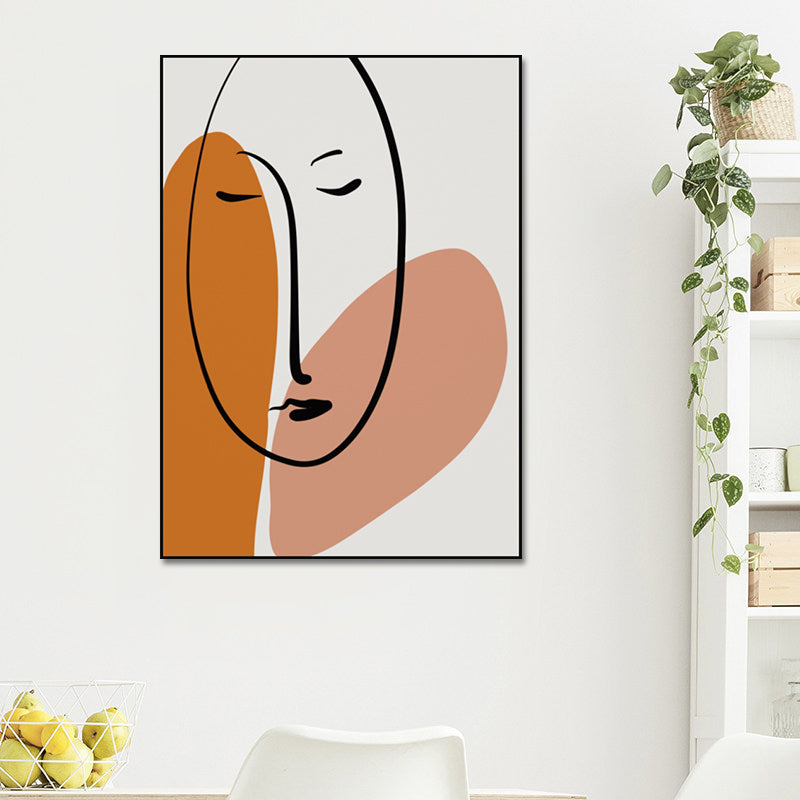 Charcoal Drawings Scandinavian Style Art Girl's Sleeping Face Portraiture in Orange Clearhalo 'Arts' 'Canvas Art' 1640650