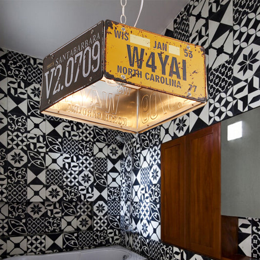 Metal Box Hanging Lamp Three-light Vintage Chandeliers in Black and Yellow for Bistro Clearhalo 'Ceiling Lights' 'Chandeliers' Lighting' options 164065