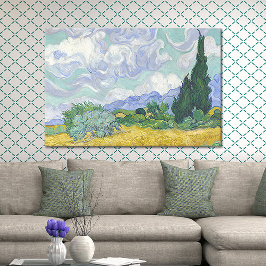 Wheatfield with Cypress Tree Painting Rustic Picturesque Scenery Wall Art Print in Purple Purple Clearhalo 'Art Gallery' 'Canvas Art' 'Country Art Gallery' 'French Country' 'Rustic' Arts' 1640794