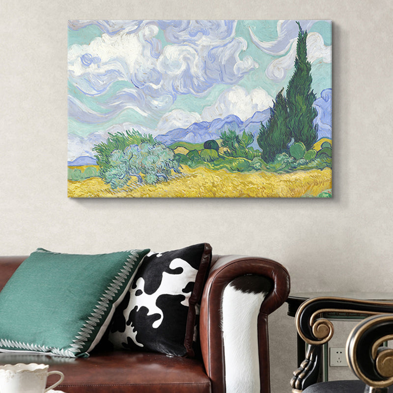 Wheatfield with Cypress Tree Painting Rustic Picturesque Scenery Wall Art Print in Purple Clearhalo 'Art Gallery' 'Canvas Art' 'Country Art Gallery' 'French Country' 'Rustic' Arts' 1640795