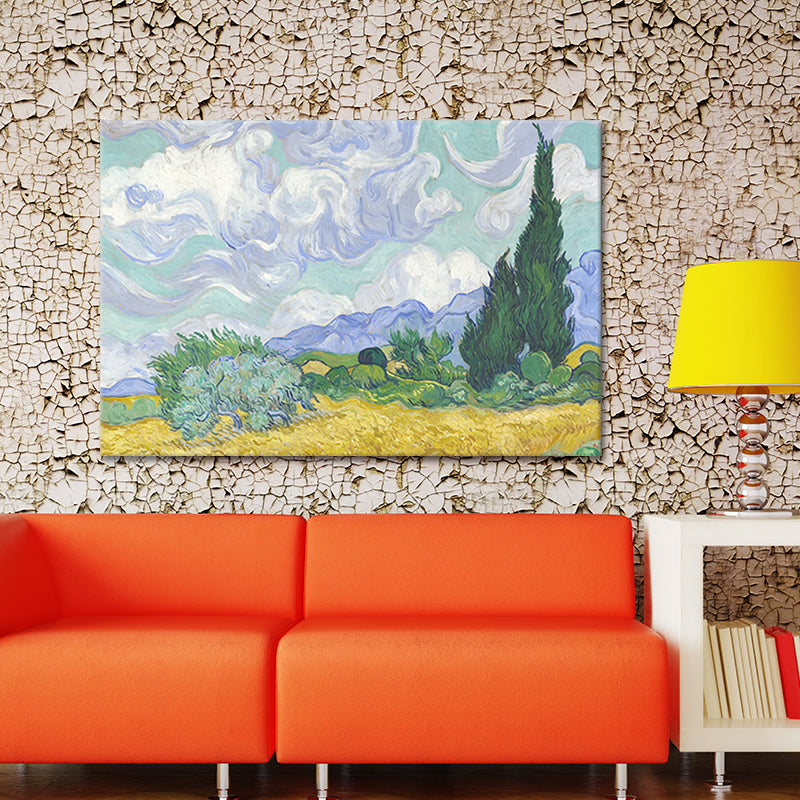 Wheatfield with Cypress Tree Painting Rustic Picturesque Scenery Wall Art Print in Purple Clearhalo 'Art Gallery' 'Canvas Art' 'Country Art Gallery' 'French Country' 'Rustic' Arts' 1640796