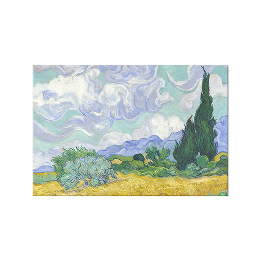 Wheatfield with Cypress Tree Painting Rustic Picturesque Scenery Wall Art Print in Purple Clearhalo 'Art Gallery' 'Canvas Art' 'Country Art Gallery' 'French Country' 'Rustic' Arts' 1640797