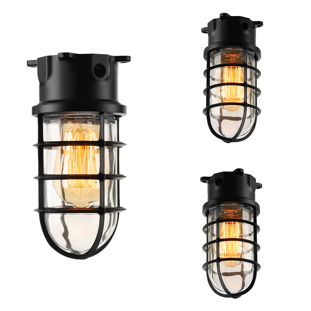1 Light Ceiling Lighting with Cylinder Shade Clear Glass Industrial Living Room Flush Mount in Black/White/Pink with Cage Clearhalo 'Ceiling Lights' 'Close To Ceiling Lights' 'Close to ceiling' 'Flush mount' 'Industrial Flush Mount' Lighting' 16408