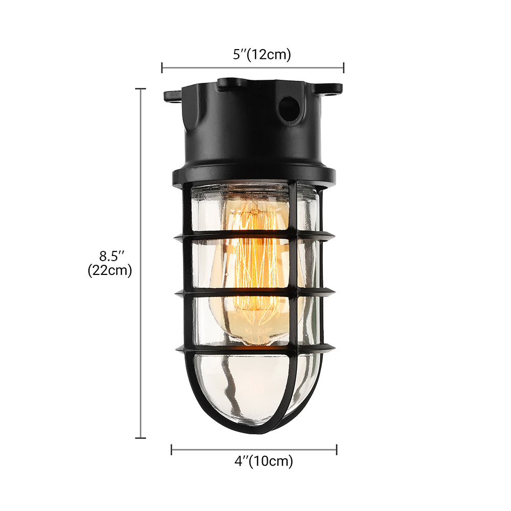 1 Light Ceiling Lighting with Cylinder Shade Clear Glass Industrial Living Room Flush Mount in Black/White/Pink with Cage Clearhalo 'Ceiling Lights' 'Close To Ceiling Lights' 'Close to ceiling' 'Flush mount' 'Industrial Flush Mount' Lighting' 16409