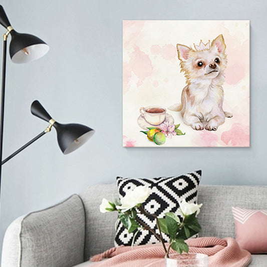 Pet Dog and Coffee Canvas Childrens Art Cute Animals Painting Wall Decor in Pink Pink Clearhalo 'Art Gallery' 'Canvas Art' 'Kids' Arts' 1640962