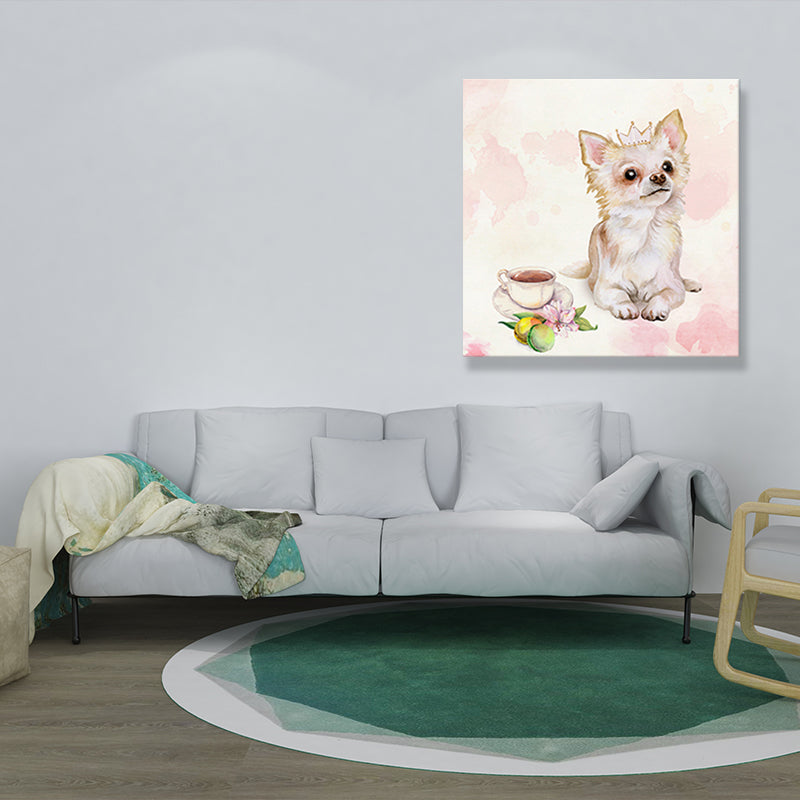 Pet Dog and Coffee Canvas Childrens Art Cute Animals Painting Wall Decor in Pink Clearhalo 'Art Gallery' 'Canvas Art' 'Kids' Arts' 1640963
