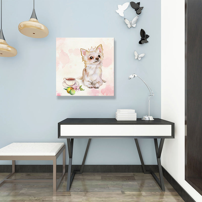 Pet Dog and Coffee Canvas Childrens Art Cute Animals Painting Wall Decor in Pink Clearhalo 'Art Gallery' 'Canvas Art' 'Kids' Arts' 1640964