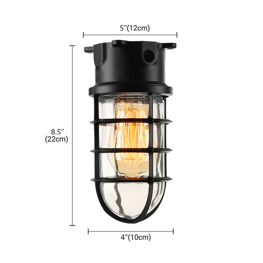 1 Light Ceiling Lighting with Cylinder Shade Clear Glass Industrial Living Room Flush Mount in Black/White/Pink with Cage Clearhalo 'Ceiling Lights' 'Close To Ceiling Lights' 'Close to ceiling' 'Flush mount' 'Industrial Flush Mount' Lighting' 16409