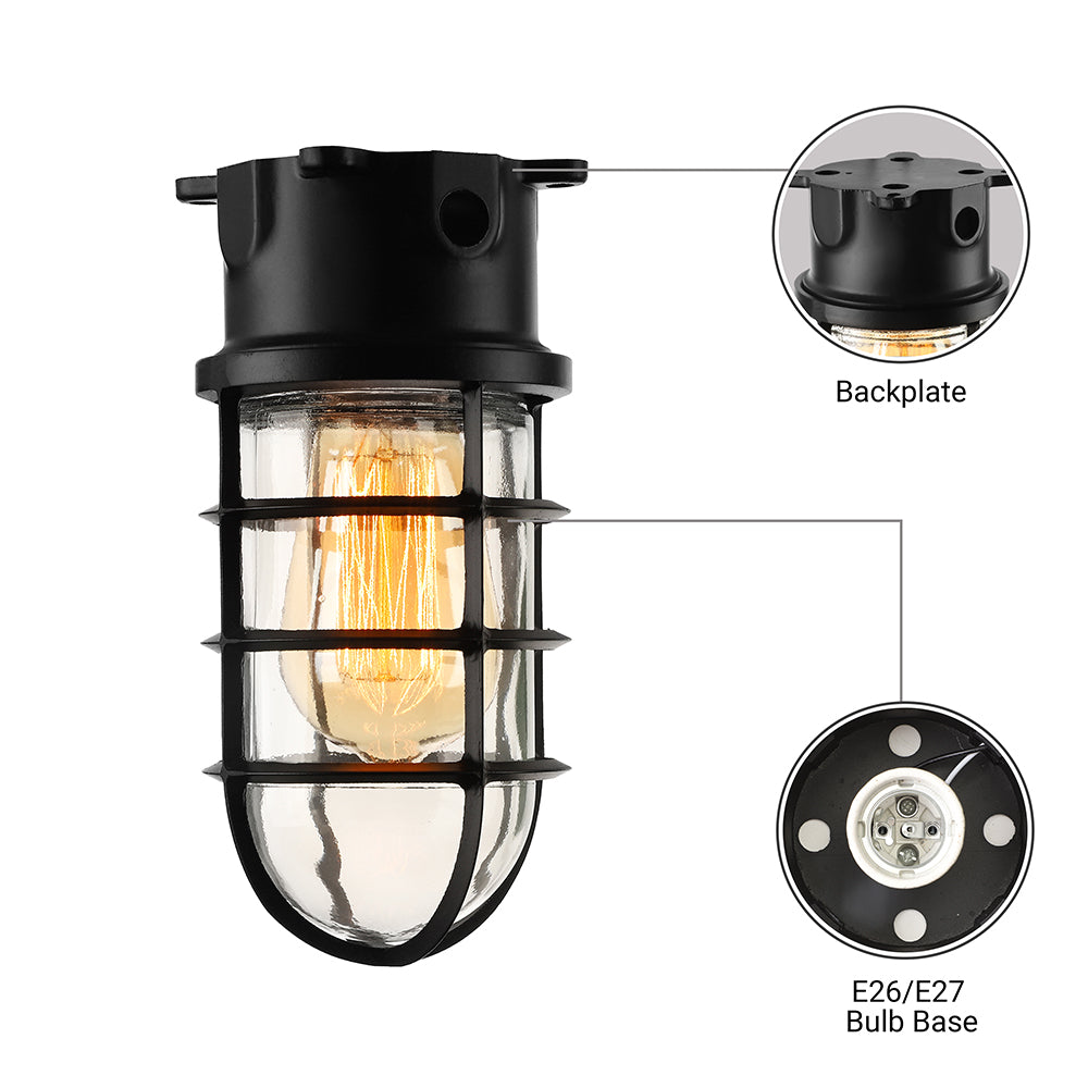 1 Light Ceiling Lighting with Cylinder Shade Clear Glass Industrial Living Room Flush Mount in Black/White/Pink with Cage Clearhalo 'Ceiling Lights' 'Close To Ceiling Lights' 'Close to ceiling' 'Flush mount' 'Industrial Flush Mount' Lighting' 16410