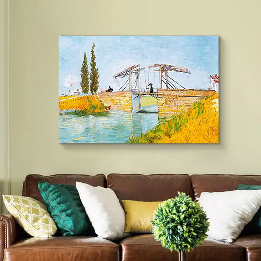 Yellow River Landscape Wall Art Van Gogh the Langlois Bridge Farmhouse Textured Painting Yellow Clearhalo 'Art Gallery' 'Canvas Art' 'Country Art Gallery' 'French Country' 'Rustic' Arts' 1641015