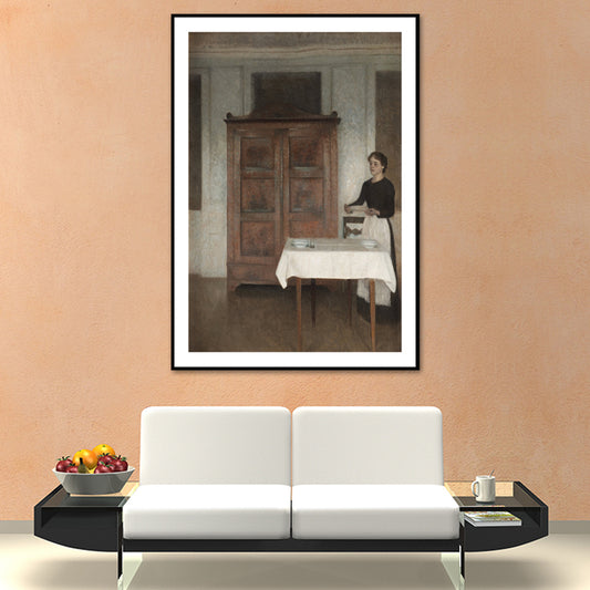 Nostalgic the Maid Painting Art Print Brown Textured Wall Decoration for Dining Room