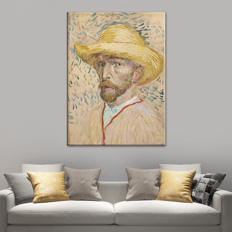 Van Gogh Canvas Art Vintage Classic Self-Portrait with Straw Hat Painting in Pastel Color Yellow Clearhalo 'Arts' 'Canvas Art' 1641071