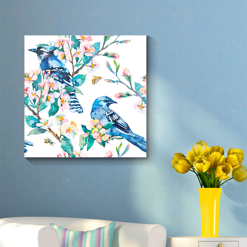 Bright Color Childrens Art Painting Bird and Flower Branch Canvas Print for Dining Room Blue Clearhalo 'Art Gallery' 'Canvas Art' 'Kids' Arts' 1641127