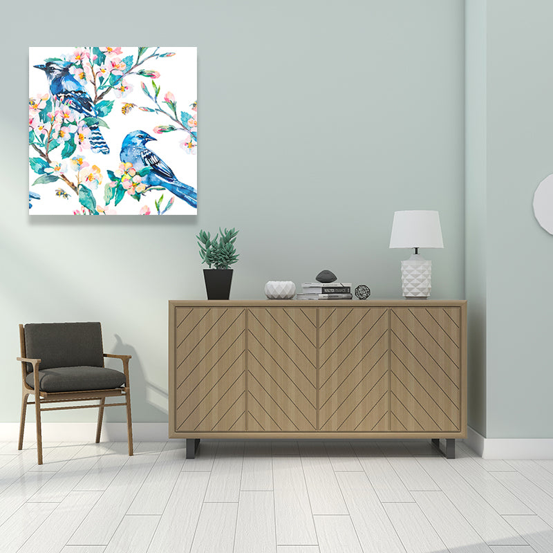 Bright Color Childrens Art Painting Bird and Flower Branch Canvas Print for Dining Room Clearhalo 'Art Gallery' 'Canvas Art' 'Kids' Arts' 1641128
