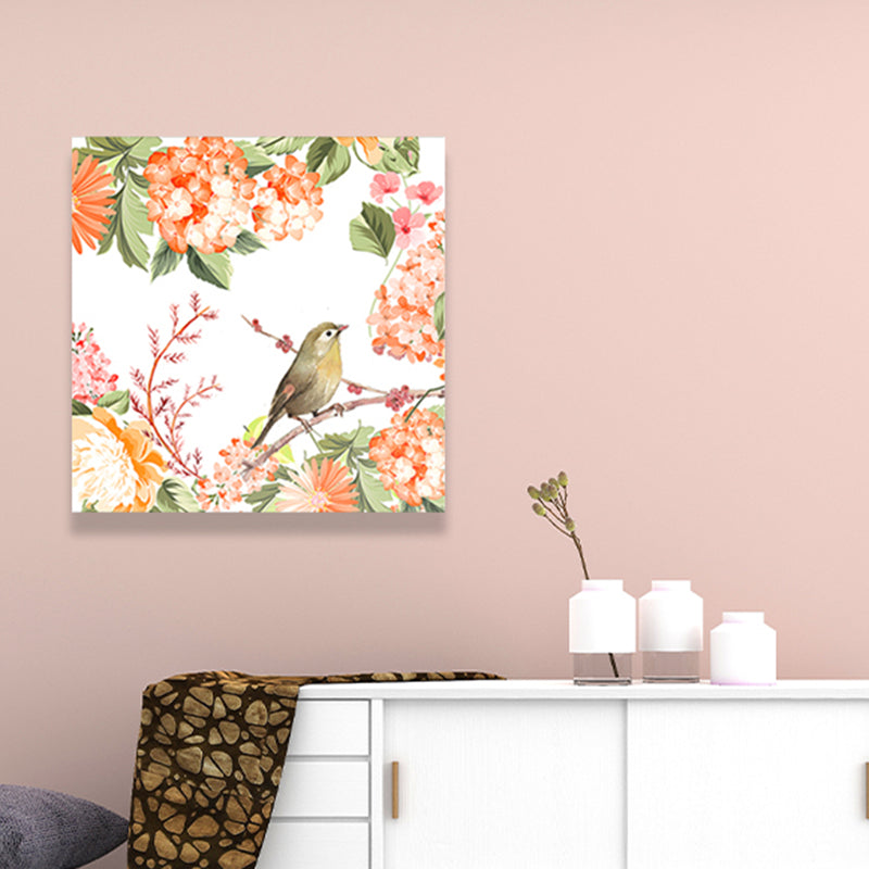 Bright Color Childrens Art Painting Bird and Flower Branch Canvas Print for Dining Room Clearhalo 'Art Gallery' 'Canvas Art' 'Kids' Arts' 1641136