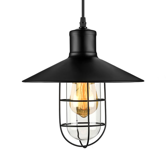 10.5"/11"/14.5" Wide 1 Bulb Pendant Lighting Nautical Style Cone Metal Ceiling Light with Wire Guard in Black Clearhalo 'Ceiling Lights' 'Close To Ceiling Lights' 'Glass shade' 'Glass' 'Industrial Pendants' 'Industrial' 'Middle Century Pendants' 'Pendant Lights' 'Pendants' 'Tiffany' Lighting' 164123
