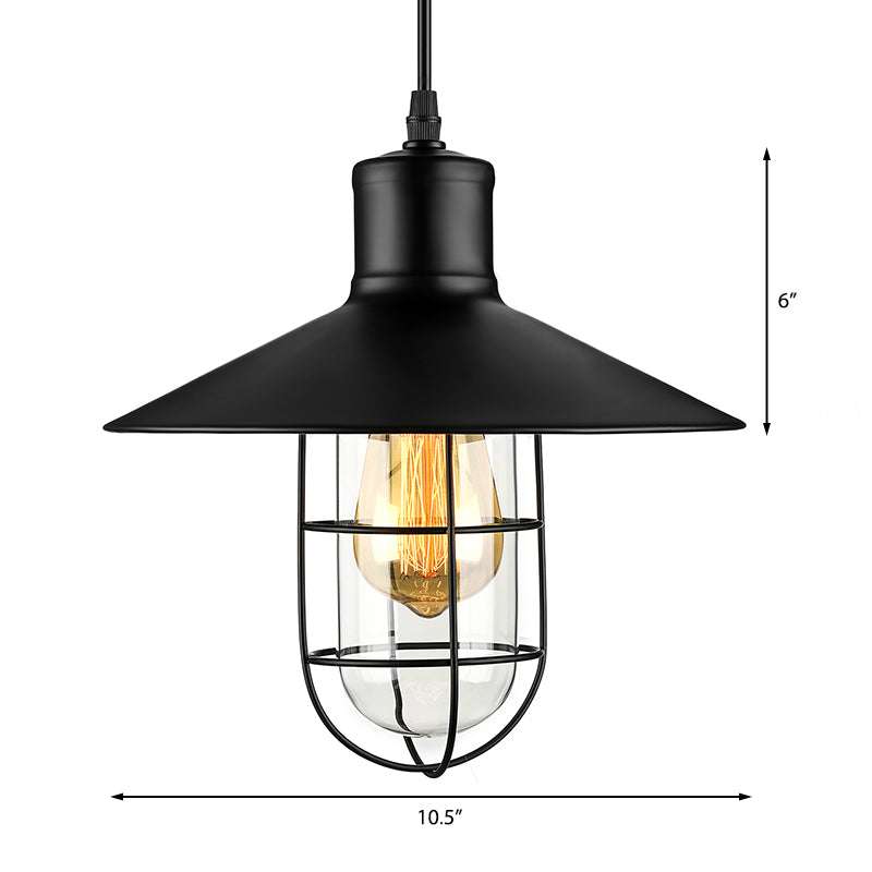 10.5"/11"/14.5" Wide 1 Bulb Pendant Lighting Nautical Style Cone Metal Ceiling Light with Wire Guard in Black Clearhalo 'Ceiling Lights' 'Close To Ceiling Lights' 'Glass shade' 'Glass' 'Industrial Pendants' 'Industrial' 'Middle Century Pendants' 'Pendant Lights' 'Pendants' 'Tiffany' Lighting' 164125