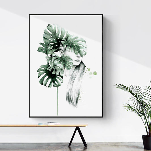 Textured Figure and Botanical Painting Canvas Glam Style Wall Art Decor for Bathroom Green
