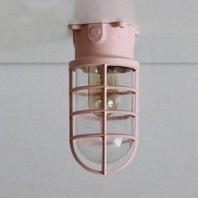 1 Light Ceiling Lighting with Cylinder Shade Clear Glass Industrial Living Room Flush Mount in Black/White/Pink with Cage Pink Clearhalo 'Ceiling Lights' 'Close To Ceiling Lights' 'Close to ceiling' 'Flush mount' 'Industrial Flush Mount' Lighting' 16413