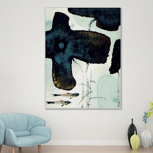 Traditional Lotus Pond Canvas Print Dark Color Textured Wall Art Decor for Sitting Room Green