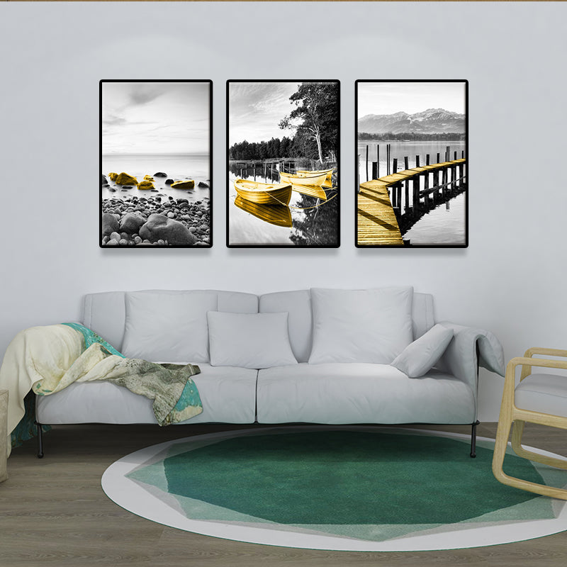 Shore Landscape Wall Art Decor in Gold Tropix Canvas Print for Living Room, Set of 3 Clearhalo 'Art Gallery' 'Canvas Art' 'Coastal Art Gallery' 'Nautical' Arts' 1641356