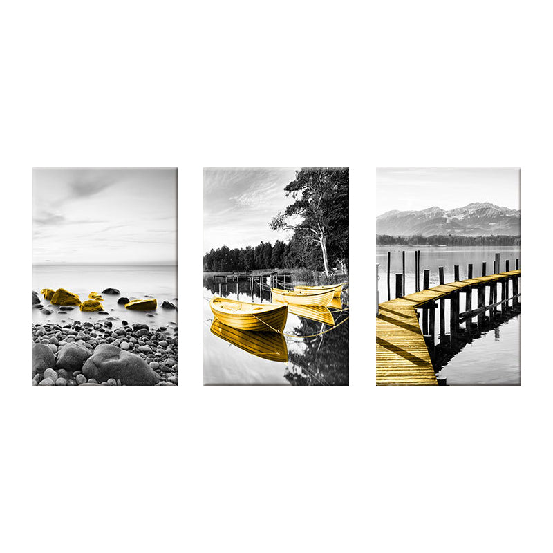 Shore Landscape Wall Art Decor in Gold Tropix Canvas Print for Living Room, Set of 3 Clearhalo 'Art Gallery' 'Canvas Art' 'Coastal Art Gallery' 'Nautical' Arts' 1641358