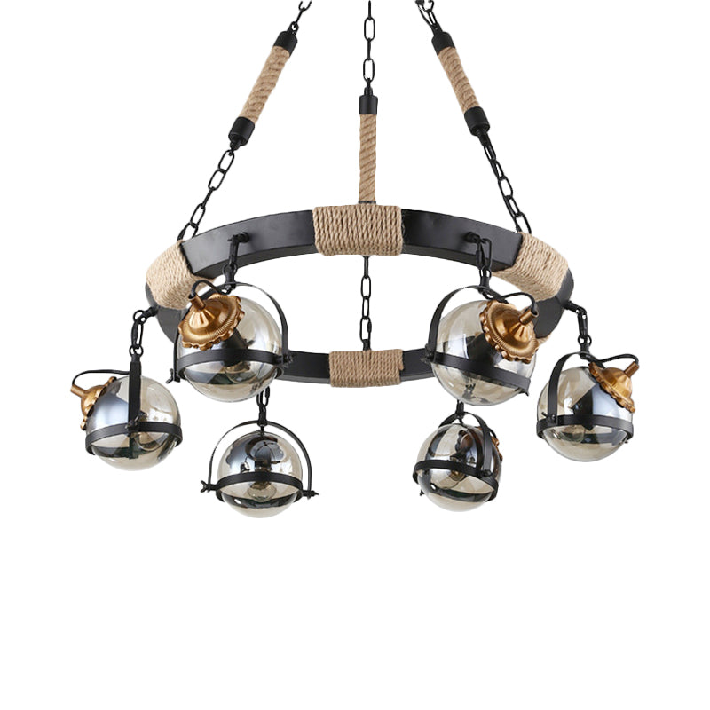 Farmhouse Globe Chandelier Lamp 6/8 Lights Rope Hanging Light with Amber Glass Shade in Black for Restaurant Clearhalo 'Cast Iron' 'Ceiling Lights' 'Chandeliers' 'Industrial Chandeliers' 'Industrial' 'Metal' 'Middle Century Chandeliers' 'Rustic Chandeliers' 'Tiffany' Lighting' 164141