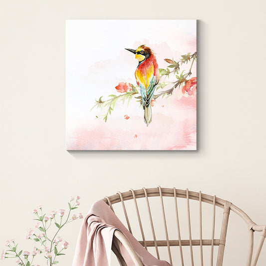 Flower Branch Magpie Canvas Print Textured Childrens Art Living Room Wall Decor in Pink Pink Clearhalo 'Art Gallery' 'Canvas Art' 'Kids' Arts' 1641432