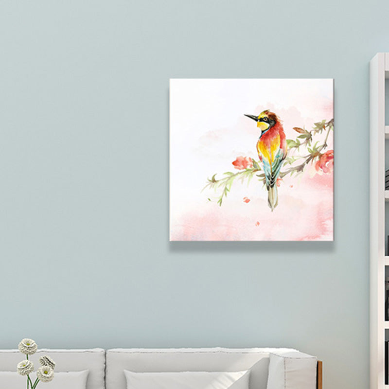 Flower Branch Magpie Canvas Print Textured Childrens Art Living Room Wall Decor in Pink Clearhalo 'Art Gallery' 'Canvas Art' 'Kids' Arts' 1641433