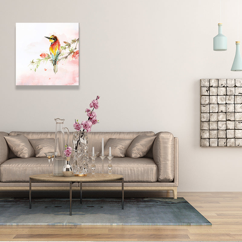 Flower Branch Magpie Canvas Print Textured Childrens Art Living Room Wall Decor in Pink Clearhalo 'Art Gallery' 'Canvas Art' 'Kids' Arts' 1641434