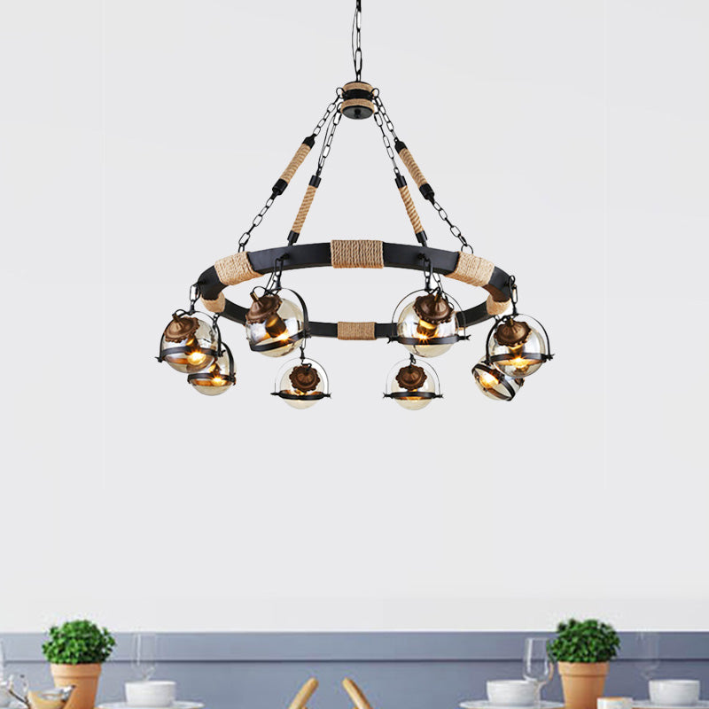 Farmhouse Globe Chandelier Lamp 6/8 Lights Rope Hanging Light with Amber Glass Shade in Black for Restaurant Clearhalo 'Cast Iron' 'Ceiling Lights' 'Chandeliers' 'Industrial Chandeliers' 'Industrial' 'Metal' 'Middle Century Chandeliers' 'Rustic Chandeliers' 'Tiffany' Lighting' 164144