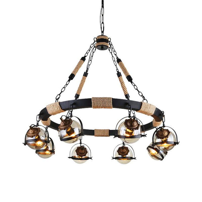 Farmhouse Globe Chandelier Lamp 6/8 Lights Rope Hanging Light with Amber Glass Shade in Black for Restaurant Clearhalo 'Cast Iron' 'Ceiling Lights' 'Chandeliers' 'Industrial Chandeliers' 'Industrial' 'Metal' 'Middle Century Chandeliers' 'Rustic Chandeliers' 'Tiffany' Lighting' 164145