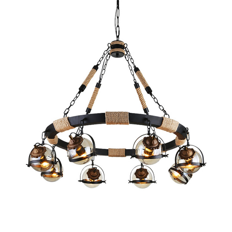 Farmhouse Globe Chandelier Lamp 6/8 Lights Rope Hanging Light with Amber Glass Shade in Black for Restaurant Clearhalo 'Cast Iron' 'Ceiling Lights' 'Chandeliers' 'Industrial Chandeliers' 'Industrial' 'Metal' 'Middle Century Chandeliers' 'Rustic Chandeliers' 'Tiffany' Lighting' 164145