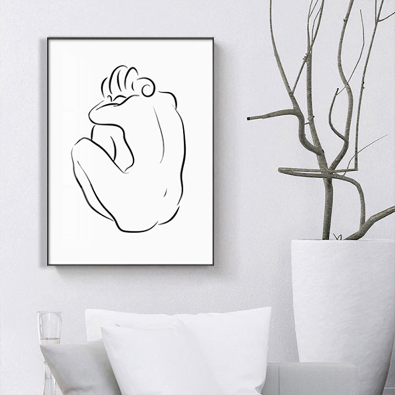 Pencil Seated Figure Pattern Painting Scandinavian Canvas Textured Wall Art in White White Clearhalo 'Arts' 'Canvas Art' 1641453