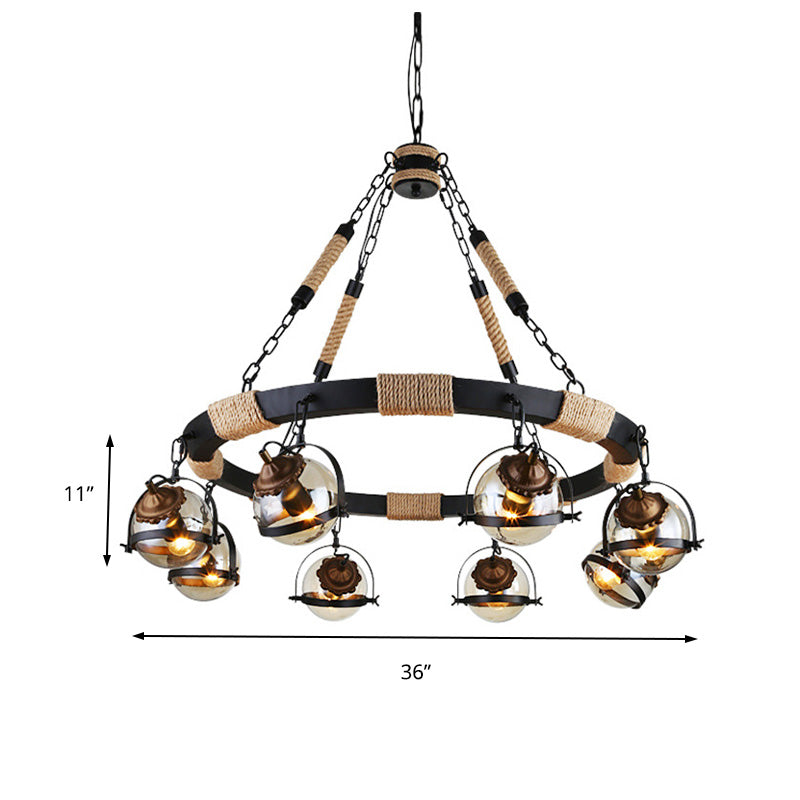 Farmhouse Globe Chandelier Lamp 6/8 Lights Rope Hanging Light with Amber Glass Shade in Black for Restaurant Clearhalo 'Cast Iron' 'Ceiling Lights' 'Chandeliers' 'Industrial Chandeliers' 'Industrial' 'Metal' 'Middle Century Chandeliers' 'Rustic Chandeliers' 'Tiffany' Lighting' 164146