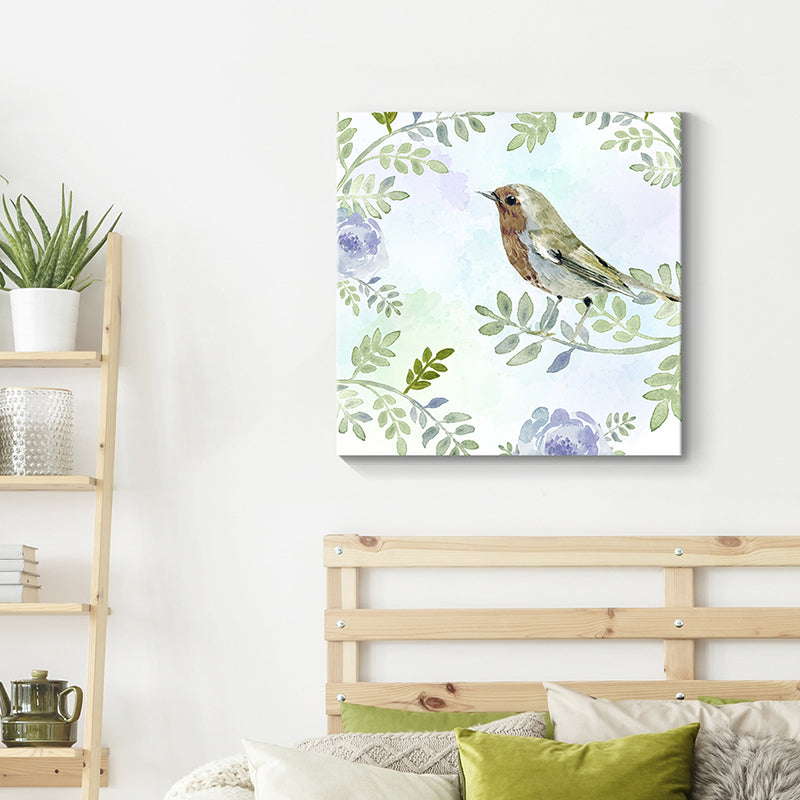 Bird with Blossoming Flower Art Print Pastel Color Kids Style Wall Decor for Family Room Purple Clearhalo 'Art Gallery' 'Canvas Art' 'Kids' Arts' 1641460