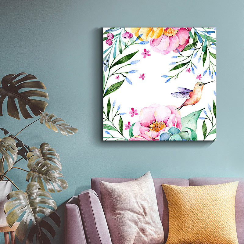 Bird with Blossoming Flower Art Print Pastel Color Kids Style Wall Decor for Family Room Pink Clearhalo 'Art Gallery' 'Canvas Art' 'Kids' Arts' 1641467