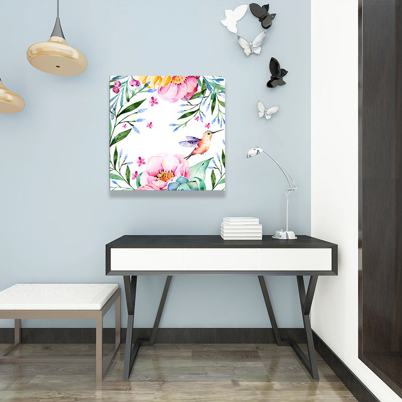 Bird with Blossoming Flower Art Print Pastel Color Kids Style Wall Decor for Family Room Clearhalo 'Art Gallery' 'Canvas Art' 'Kids' Arts' 1641468