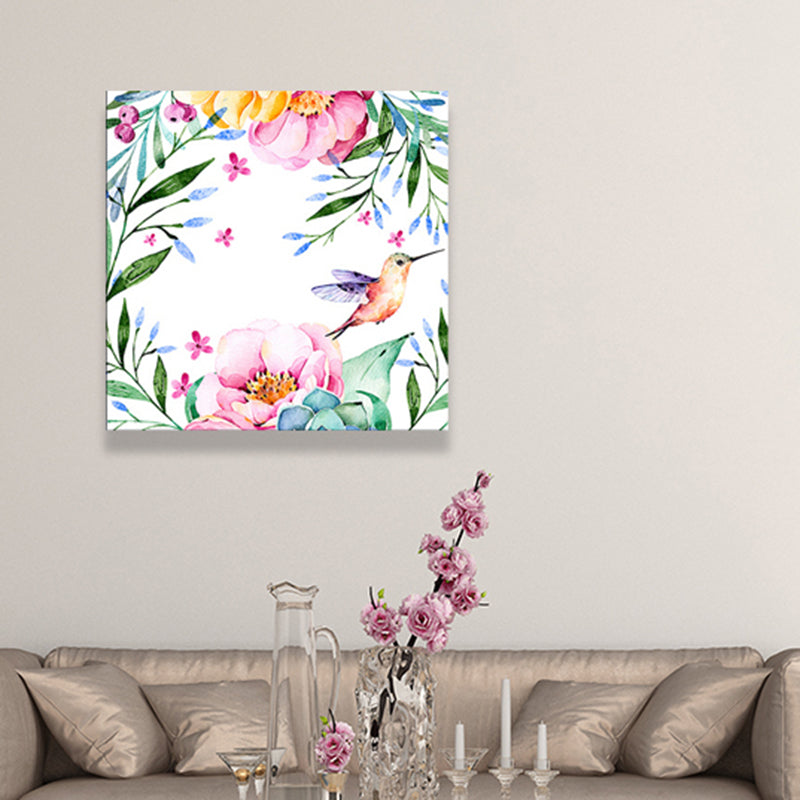 Bird with Blossoming Flower Art Print Pastel Color Kids Style Wall Decor for Family Room Clearhalo 'Art Gallery' 'Canvas Art' 'Kids' Arts' 1641469