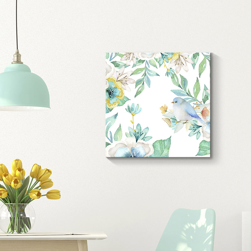 Bird with Blossoming Flower Art Print Pastel Color Kids Style Wall Decor for Family Room Blue Clearhalo 'Art Gallery' 'Canvas Art' 'Kids' Arts' 1641474