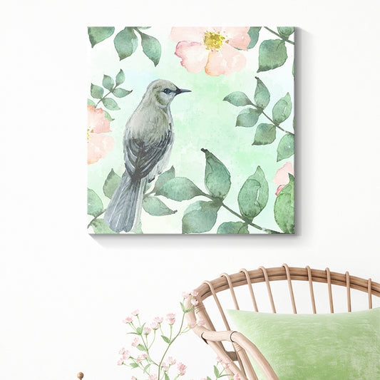 Bird with Blossoming Flower Art Print Pastel Color Kids Style Wall Decor for Family Room Green Clearhalo 'Art Gallery' 'Canvas Art' 'Kids' Arts' 1641481