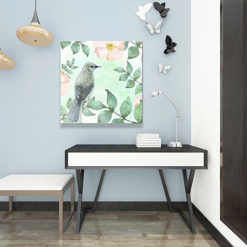 Bird with Blossoming Flower Art Print Pastel Color Kids Style Wall Decor for Family Room Clearhalo 'Art Gallery' 'Canvas Art' 'Kids' Arts' 1641483