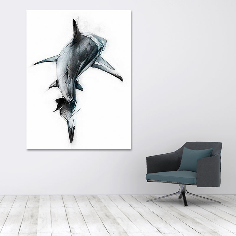 Marine Life Shark Wall Art Dark Color Canvas Painting for Sitting Room, Textured Blue Clearhalo 'Art Gallery' 'Canvas Art' 'Contemporary Art Gallery' 'Modern' Arts' 1641509