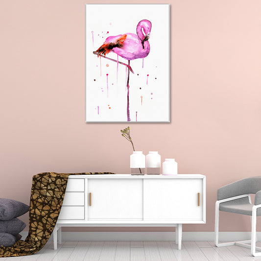 Arte de pared de flamenco Nordic Textured Canvas impresa en rosa en blanco para sala de estar