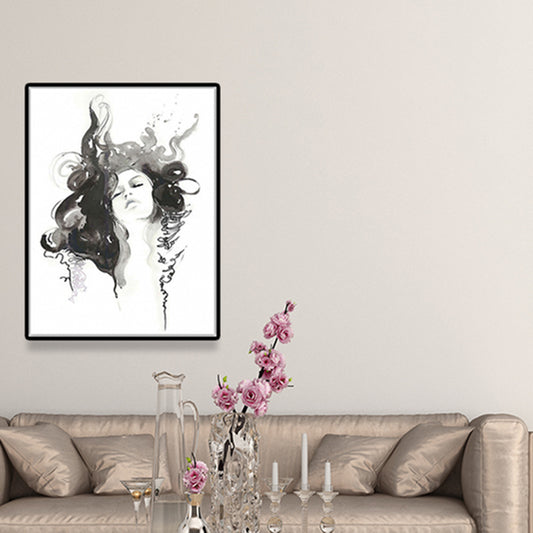 Black Curly Girl Canvas Art Figure Painting Minimalist Textured Wall Decor for Home Clearhalo 'Art Gallery' 'Canvas Art' 'Contemporary Art Gallery' 'Contemporary Art' 'Minimalism' 'Minimalist Art Gallery' 'Scandinavian' Arts' 1641747