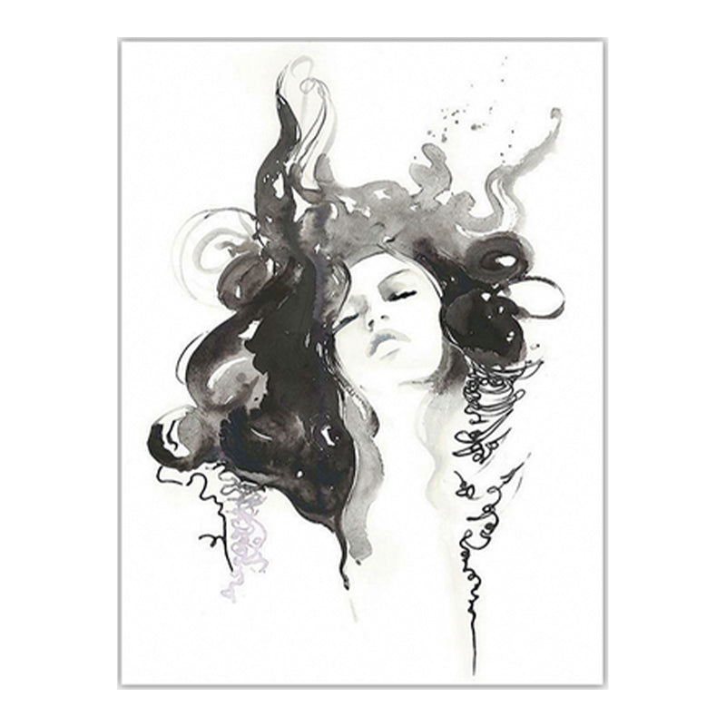 Black Curly Girl Canvas Art Figure Painting Minimalist Textured Wall Decor for Home Clearhalo 'Art Gallery' 'Canvas Art' 'Contemporary Art Gallery' 'Contemporary Art' 'Minimalism' 'Minimalist Art Gallery' 'Scandinavian' Arts' 1641748