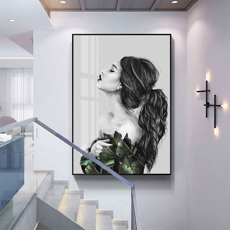 Girl's Portraiture and Leaf Art Textured Glam Style for Girls Bedroom Wall Decor Green Design 1 Clearhalo 'Arts' 'Canvas Art' 1641780