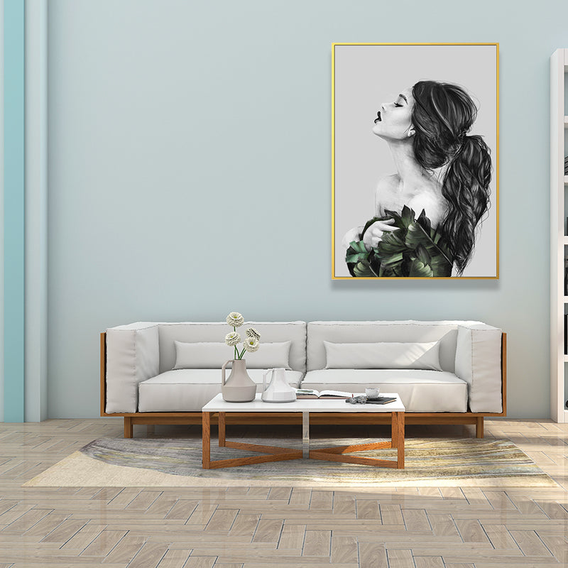 Girl's Portraiture and Leaf Art Textured Glam Style for Girls Bedroom Wall Decor Clearhalo 'Arts' 'Canvas Art' 1641782