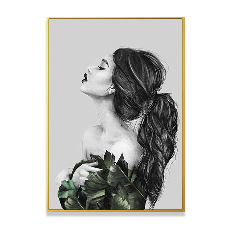 Girl's Portraiture and Leaf Art Textured Glam Style for Girls Bedroom Wall Decor Clearhalo 'Arts' 'Canvas Art' 1641783